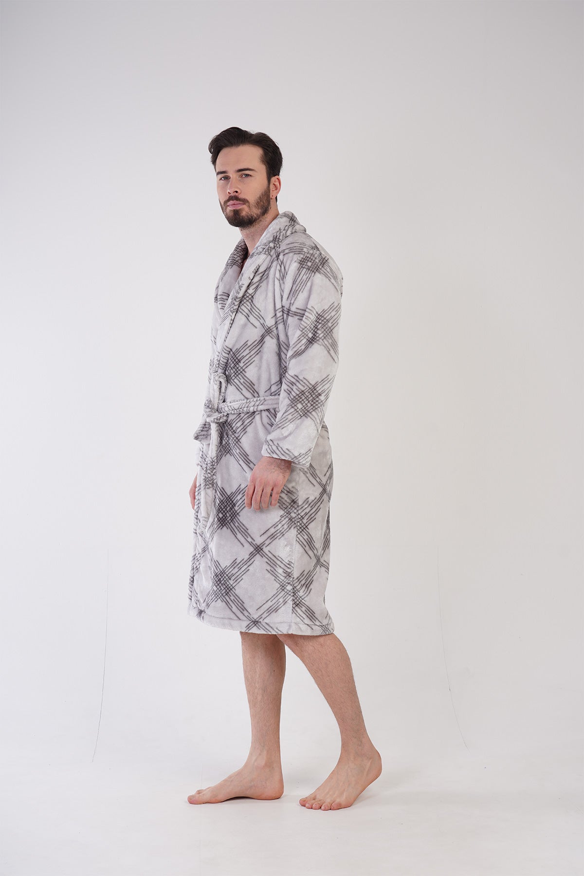 Halat de casă pentru bărbați cu guler șal, mânecă lungă și buzunare - DESIGN