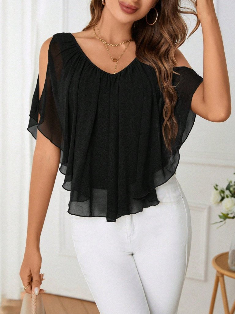 Kadın Kısa Kollu V Yakalı Omuzlardan Açık Salaş şifon Bluz, 36892