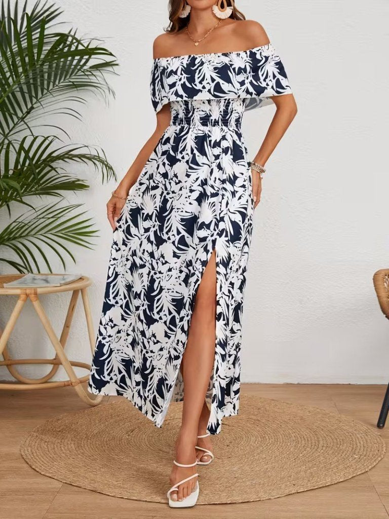 Rochie lungă Supreme pentru femei, cu umeri goi, decolteu Madonna, model floral și crăpătură, 34309
