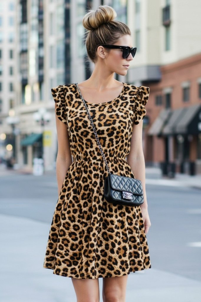 Rochie Supreme evazată cu imprimeu leopard, cu mâneci scurte și volane, decolteu deschis, pentru femei, 31154