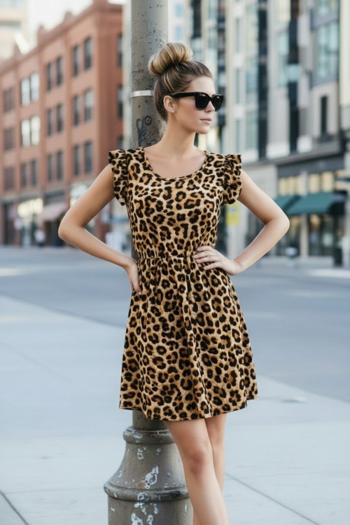 Rochie Supreme evazată cu imprimeu leopard, cu mâneci scurte și volane, decolteu deschis, pentru femei, 31154