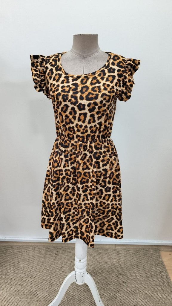 Rochie Supreme evazată cu imprimeu leopard, cu mâneci scurte și volane, decolteu deschis, pentru femei, 31154