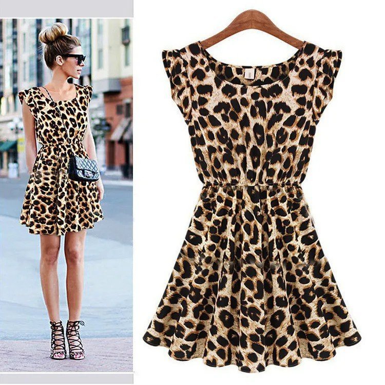 Rochie Supreme evazată cu imprimeu leopard, cu mâneci scurte și volane, decolteu deschis, pentru femei, 31154