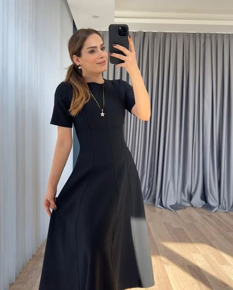 Rochie maxi din crep importat, cu mânecă scurtă și guler rotund, pentru femei, 36200