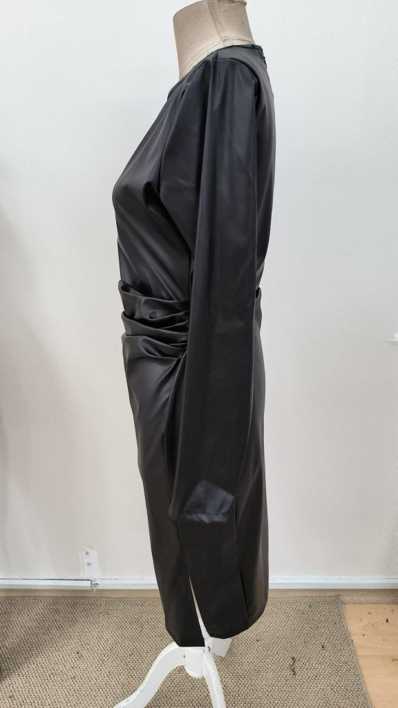 Rochie midi din piele pentru femei, cu mânecă lungă, guler rotund și fermoar la spate, 31761