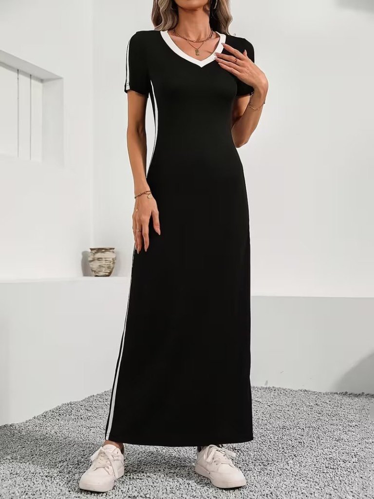 Rochie lungă din viscoză pentru femei, cu mânecă scurtă, decolteu în V și dungi laterale, 31389