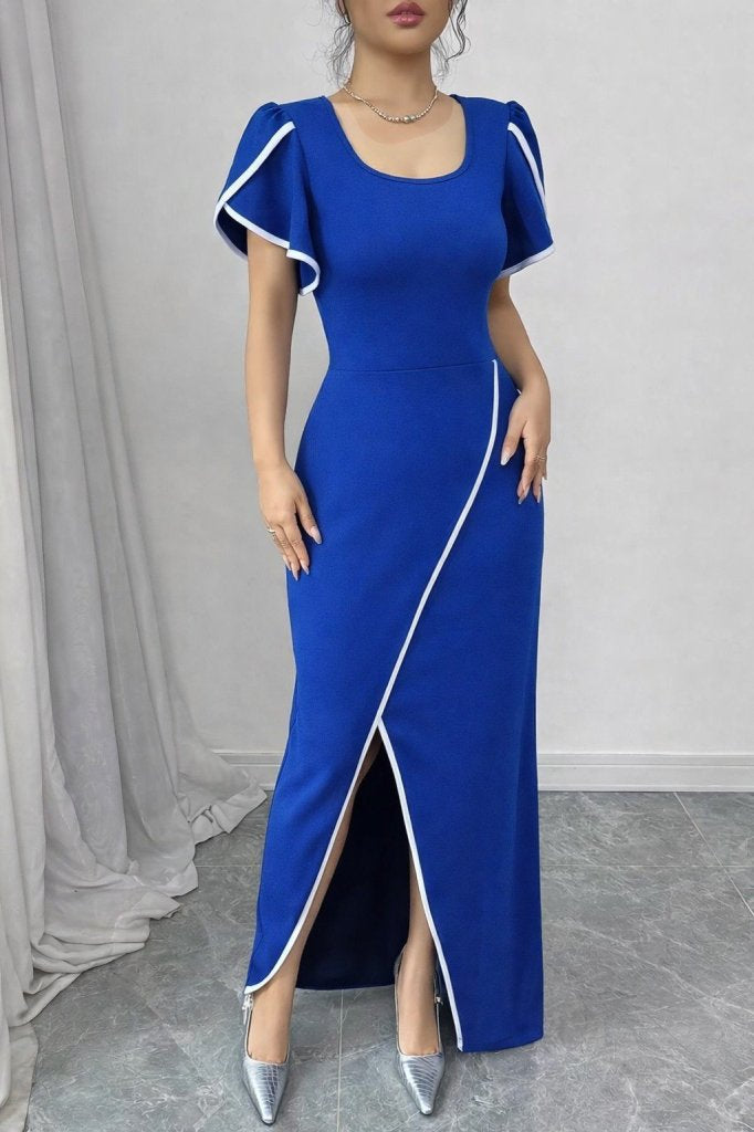 Women's Short Sleeve Square Neck Crepe Dress with Front Crossover Detail, 31402