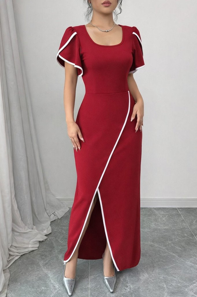 Rochie de damă din crep cu mânecă scurtă și decolteu pătrat, cu decupaj încrucișat în față, 31403