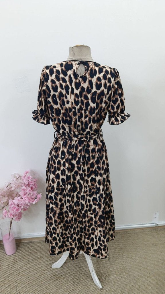 Rochie midi suprem din jerseu cu mânecă scurtă, guler, curea în talie și imprimeu leopard pentru femei, 36139