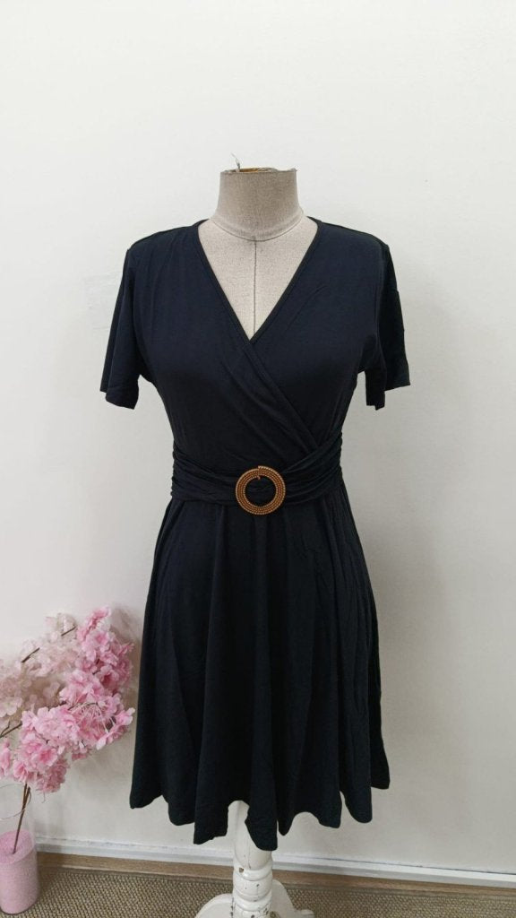 Women's Short Sleeve Wrap Neck Buckle Detail Short Viscose Dress, 33127