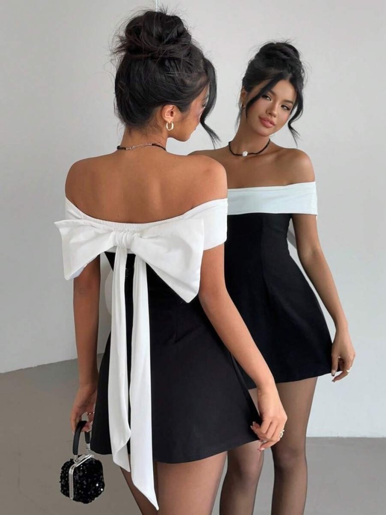 Rochie scurtă de damă din crep importat, cu mânecă scurtă și decolteu Madonna, cu panglică la spate, 31591