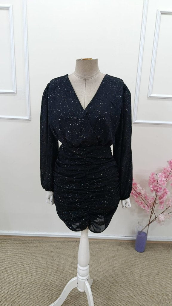 Women's Long Sleeve Wrap Neck Beltless Shimmer Lined Mini Chiffon Dress, 31630