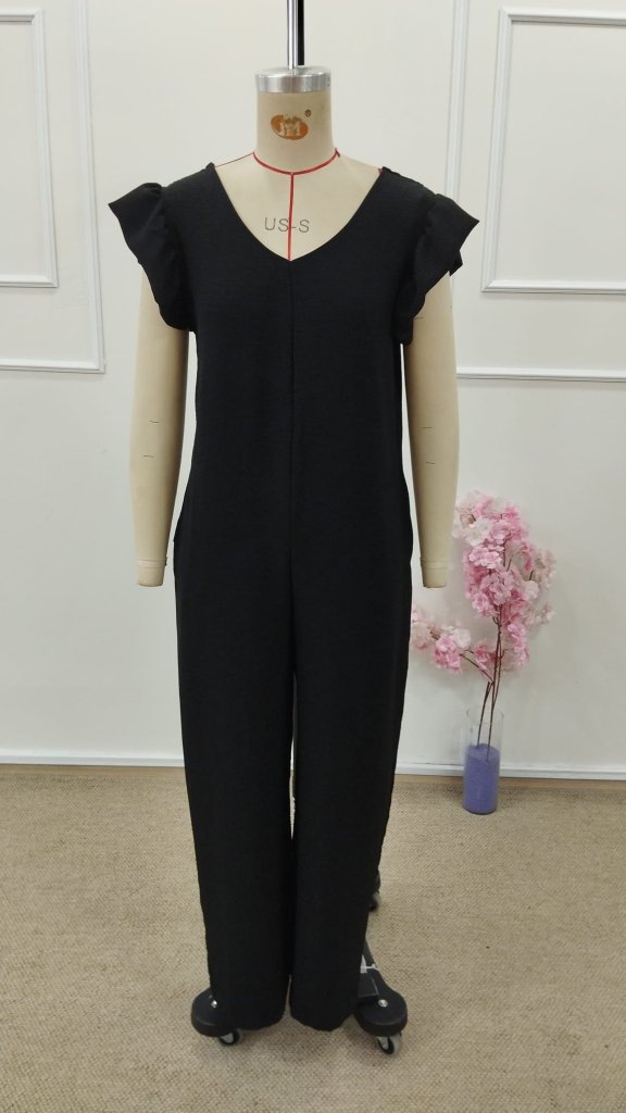 Women's Short Sleeve V-Neck Deep Back Lace-Up Long Aerobin Jumpsuit, 31645
