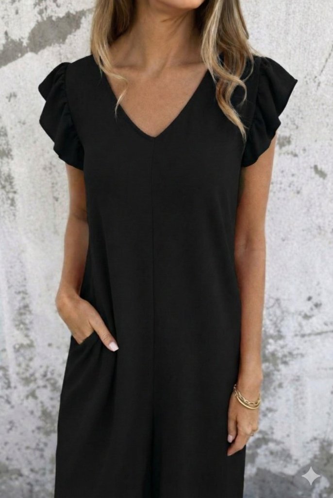 Women's Short Sleeve V-Neck Deep Back Lace-Up Long Aerobin Jumpsuit, 31645