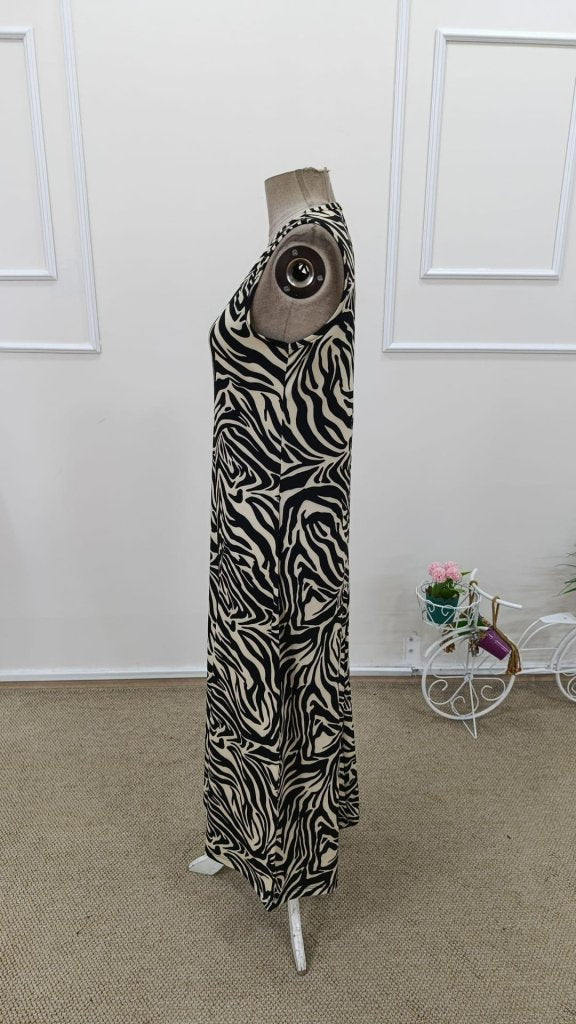 Women's Strappy Round Neck Zebra Print Long Supima Dress, 31683