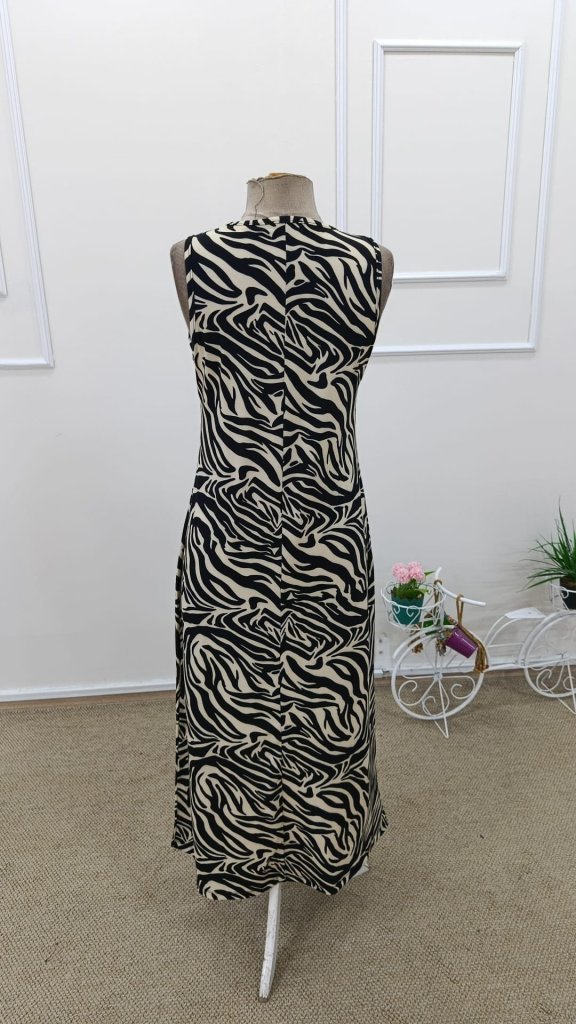Women's Strappy Round Neck Zebra Print Long Supima Dress, 31683