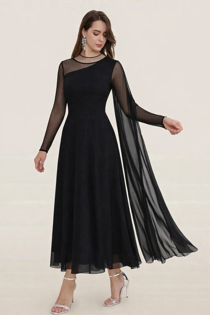 Rochie Sandy lungă din material suprem cu mâneci lungi, guler semi-halter și detaliu din tul, 33664