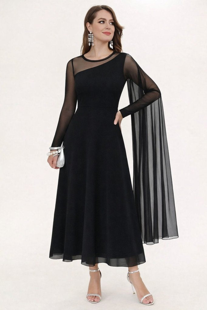 Rochie Sandy lungă din material suprem cu mâneci lungi, guler semi-halter și detaliu din tul, 33664