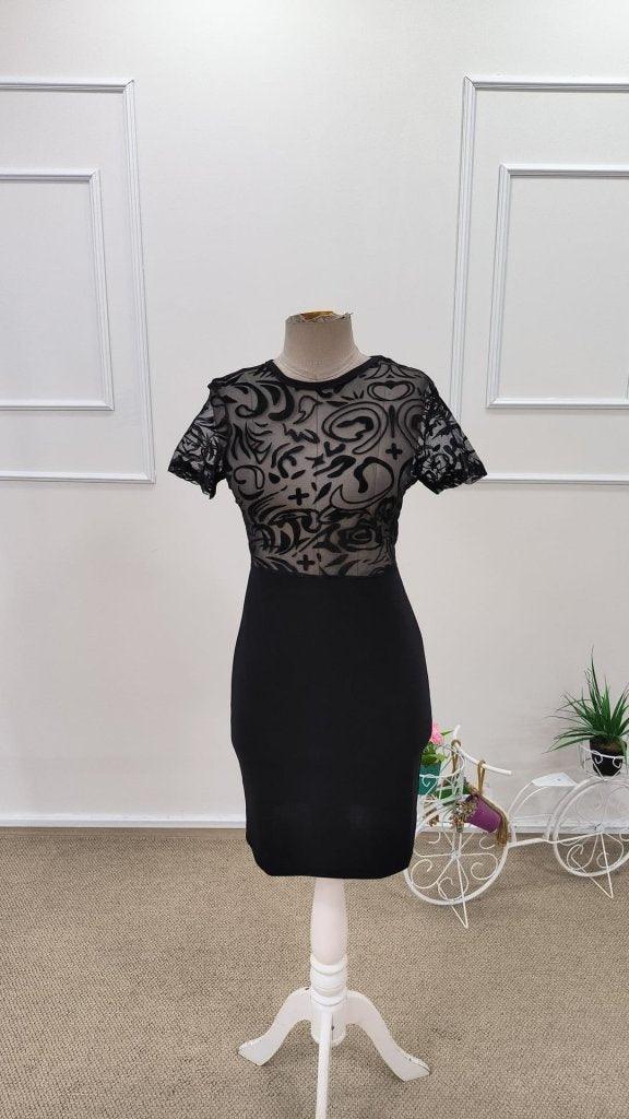 Women's Short Sleeve Crew Neck Transparent Tulle Detail Short Imported Crepe Dress, 31772