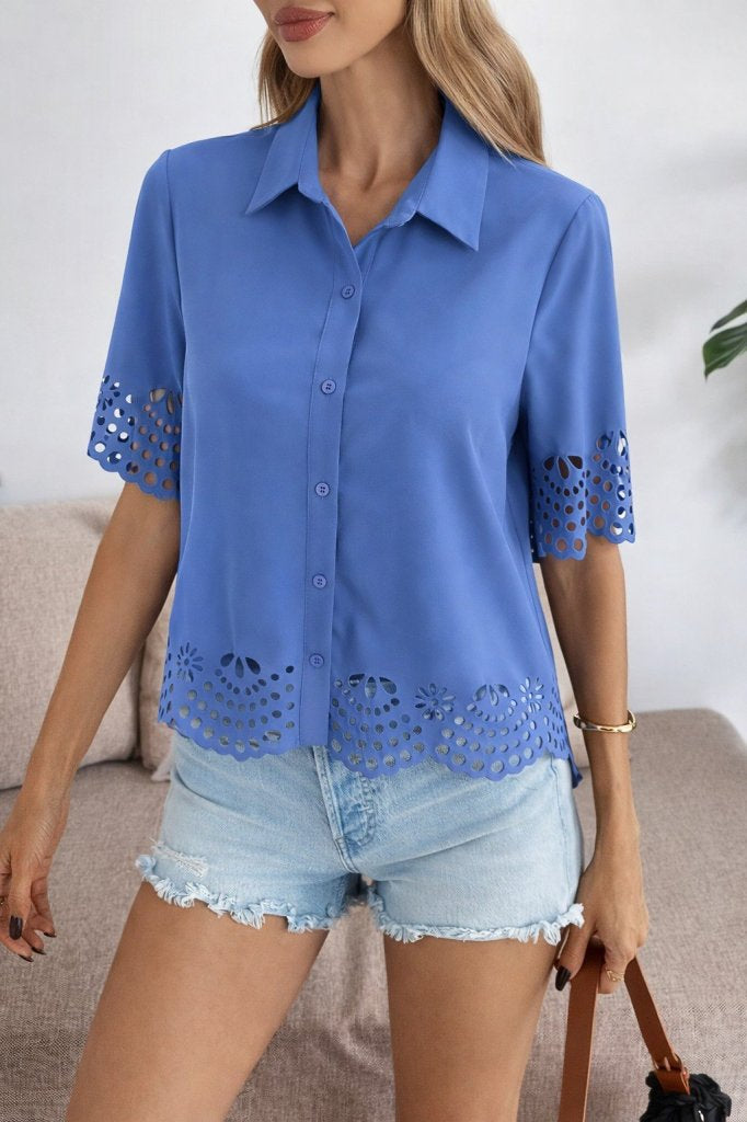 Women's Short Sleeve Collared Button-Front Dubai Shirt Blouse, 31795