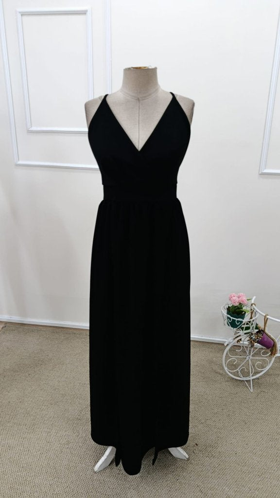 Rochie lungă pentru femei, cu bretele, înfășurate în jurul mânecii și crăpături, confecționată din crepe nativ, 31806