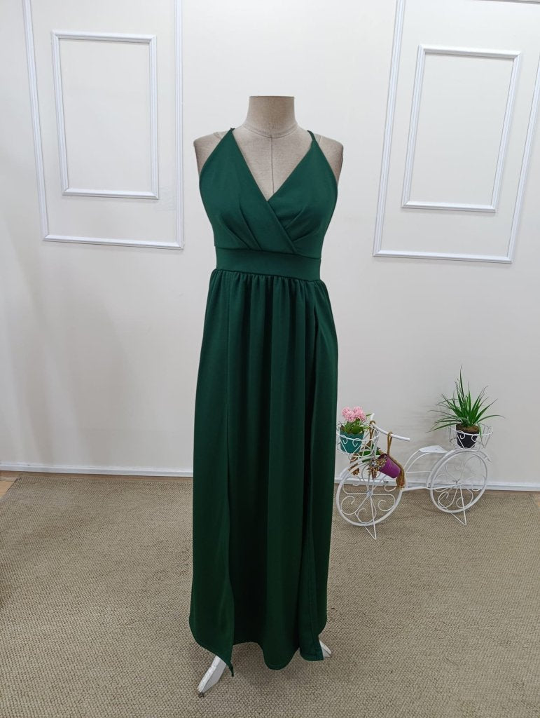 Rochie lungă de damă, cu bretele subțiri, încrețită, cu detalii despicate, din crep, model 34871