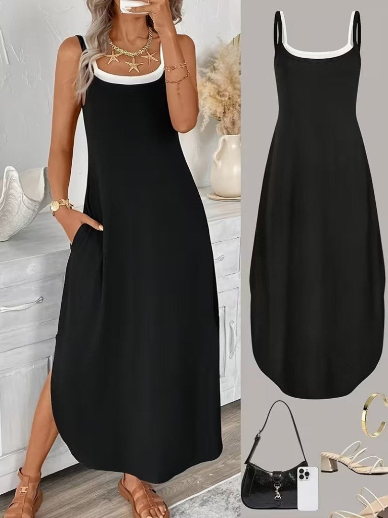 Women's Strappy Round Neck Pocketed Long Viscose Dress, 31840