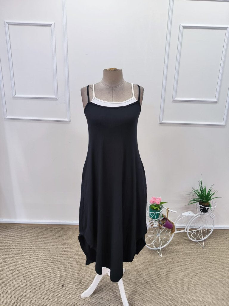 Women's Strappy Round Neck Pocketed Long Viscose Dress, 31840