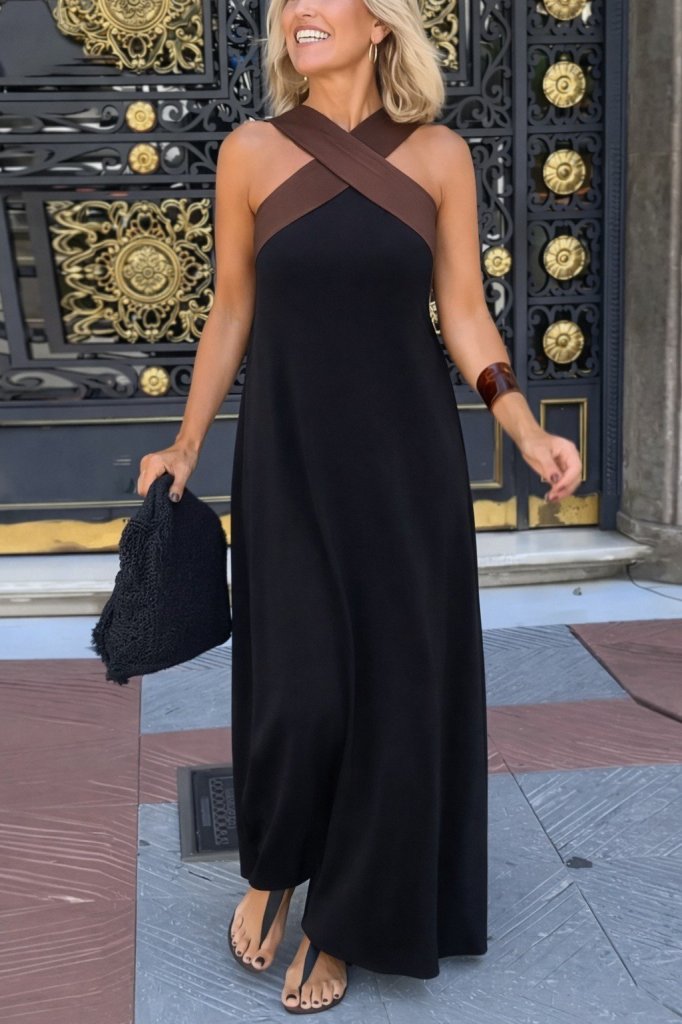 Women's Front Cross-Detail Two-Tone Long Viscose Dress, 31848