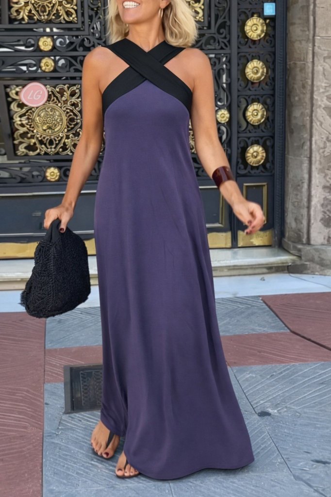 Women's Front Cross Detail Two-Tone Long Viscose Dress, 31850