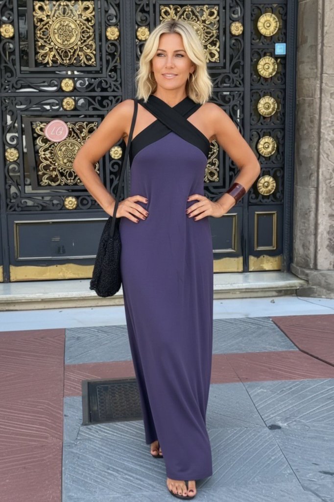 Women's Front Cross Detail Two-Tone Long Viscose Dress, 31850