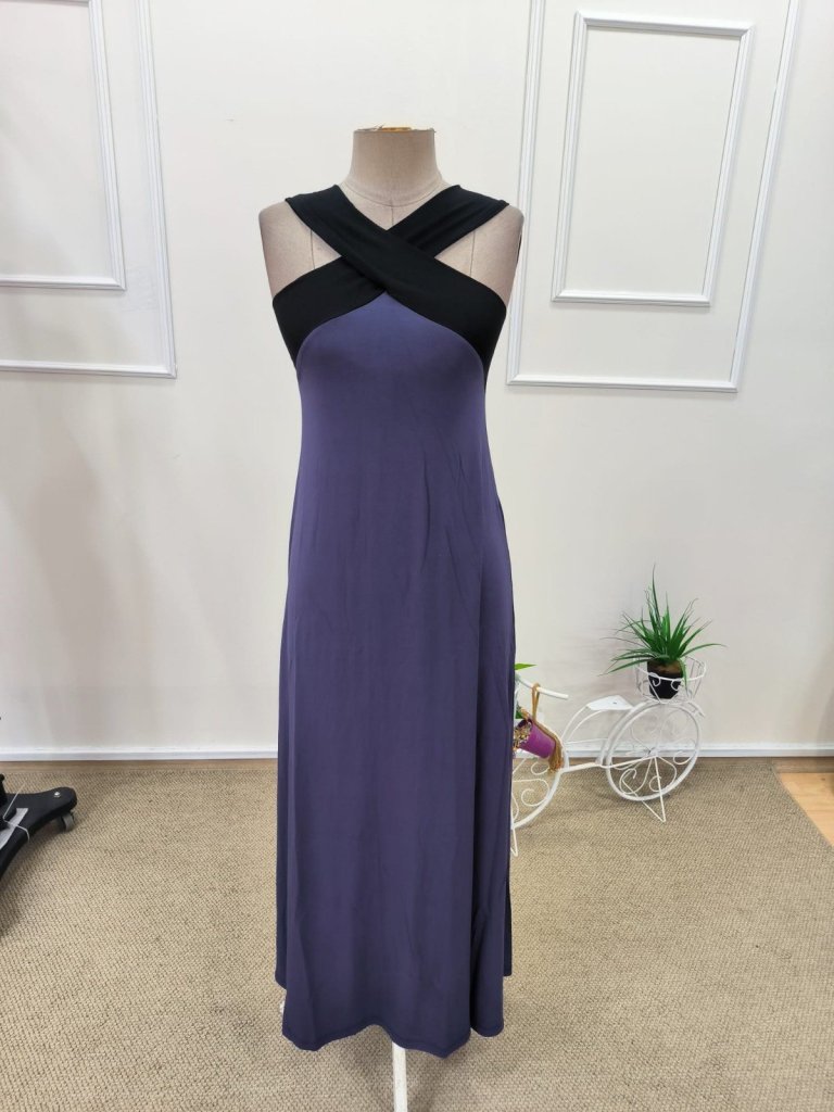 Women's Front Cross Detail Two-Tone Long Viscose Dress, 31850