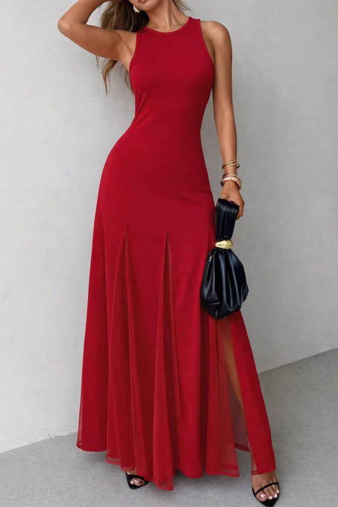 Rochie lungă de damă, import, din crep, asimetrică, cloș, cu guler rotund, bretele subțiri și detalii din tul la tiv, 33175