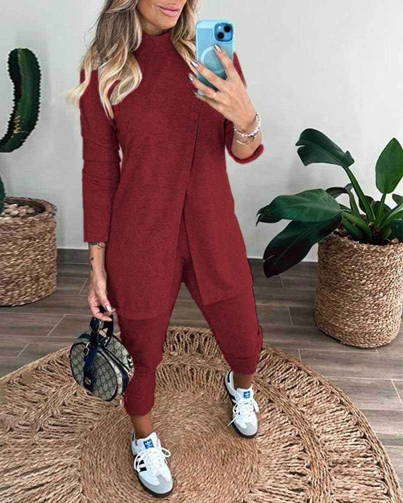 Set pufos din două piese, bluză cu mânecă lungă, guler înalt, cu nasturi în față și pantaloni, pentru femei, 20332