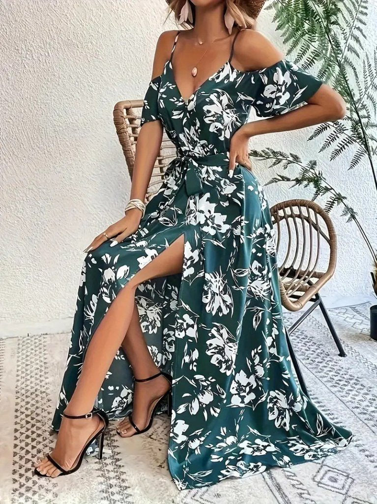 Women's Spaghetti Strap Short Sleeve Wrap Neck Slit Patterned Supreme Dress, 31943