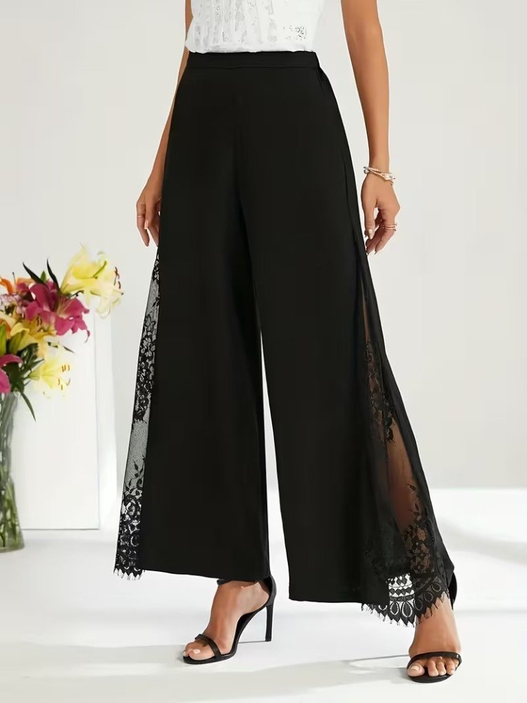 Pantaloni de damă din crep importat cu talie înaltă și garnitură laterală din dantelă, 34487