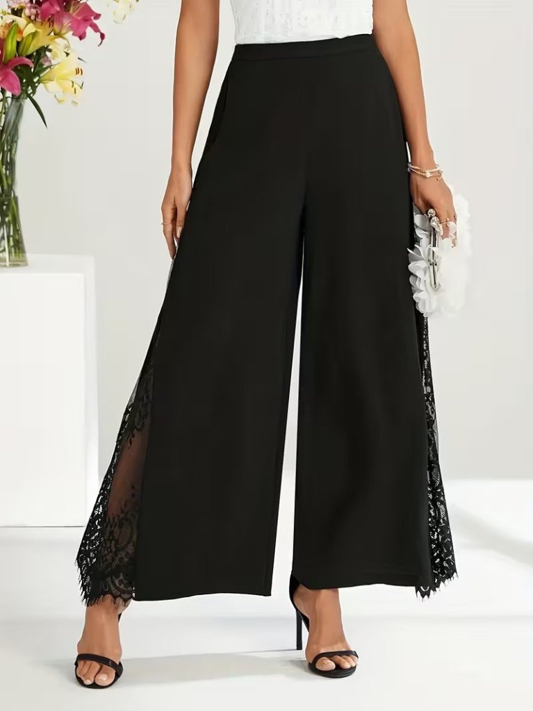 Pantaloni de damă din crep importat cu talie înaltă și garnitură laterală din dantelă, 34487