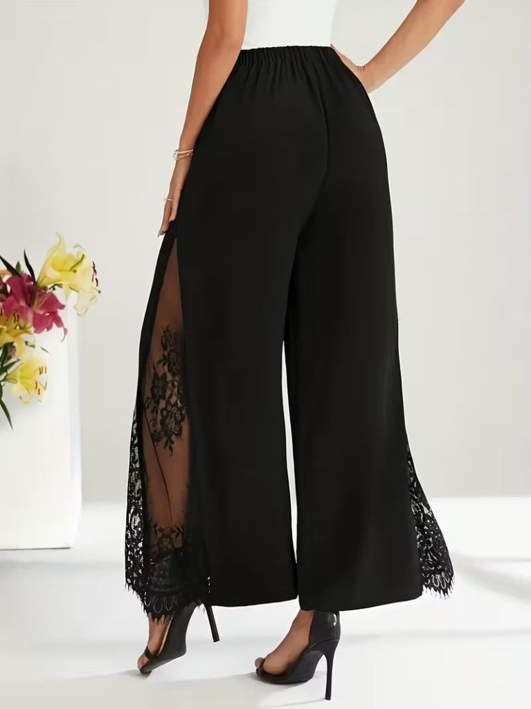 Pantaloni de damă din crep importat cu talie înaltă și garnitură laterală din dantelă, 34487