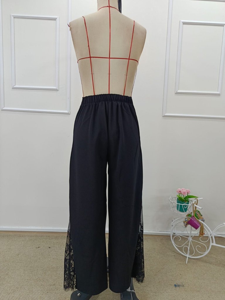 Pantaloni de damă din crep importat cu talie înaltă și garnitură laterală din dantelă, 34487