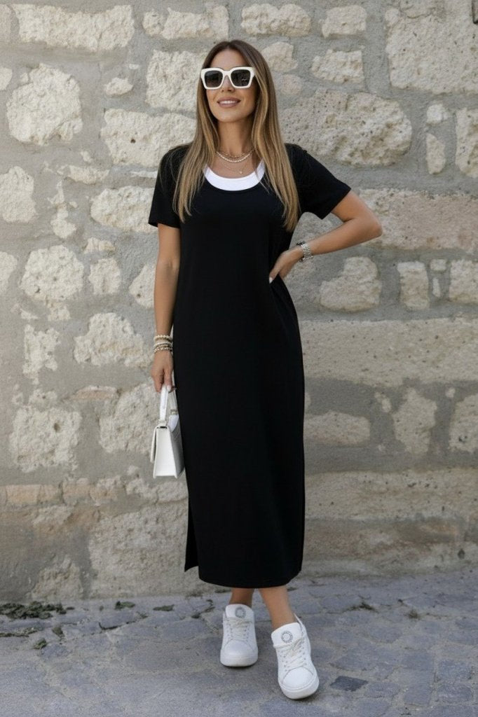Rochie lungă de damă din viscoză, cu mânecă scurtă, cu aspect de maiou în interior și crăpătură laterală, 35376