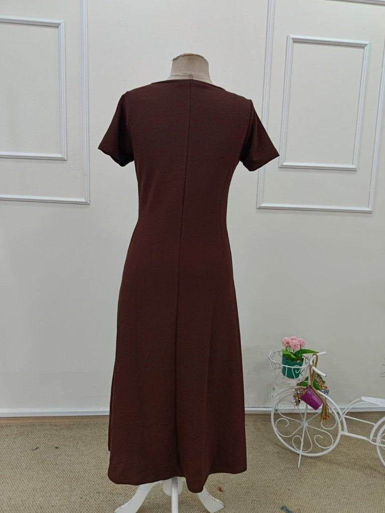 Rochie de damă din viscoză, cu mânecă scurtă, guler rotund și crăpături adânci, 34541