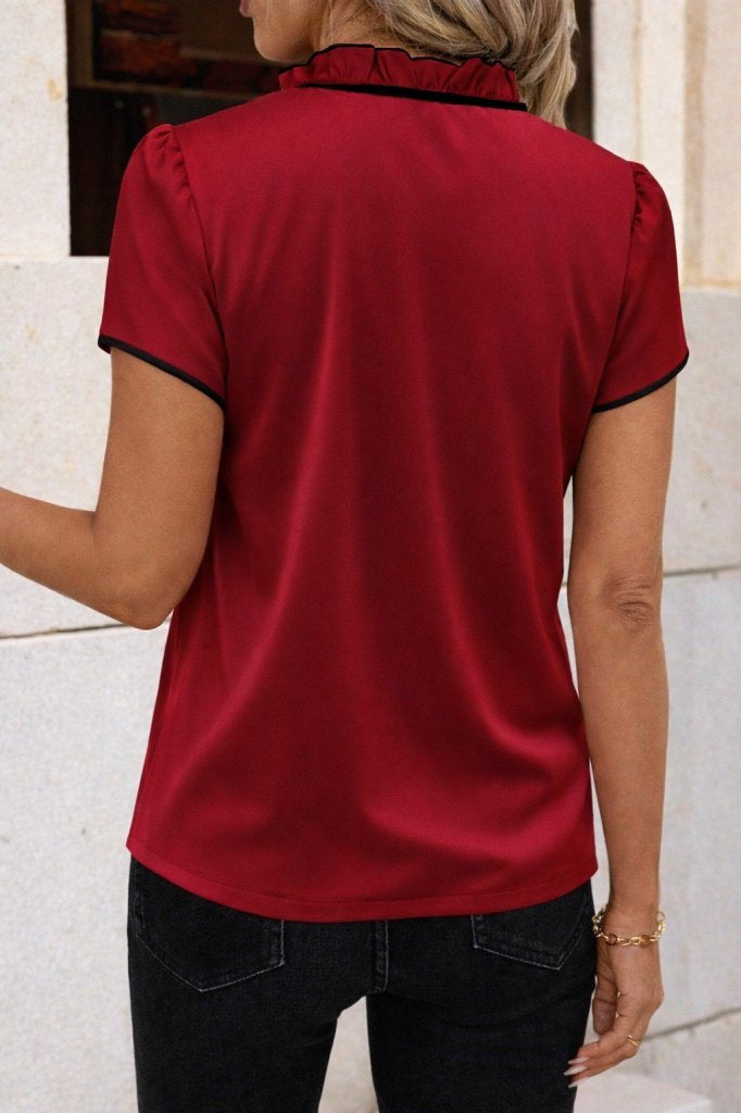 Bluz crep Janjan pentru femei cu maneca scurta, gat cu volanuri si snur decorativ, 35648