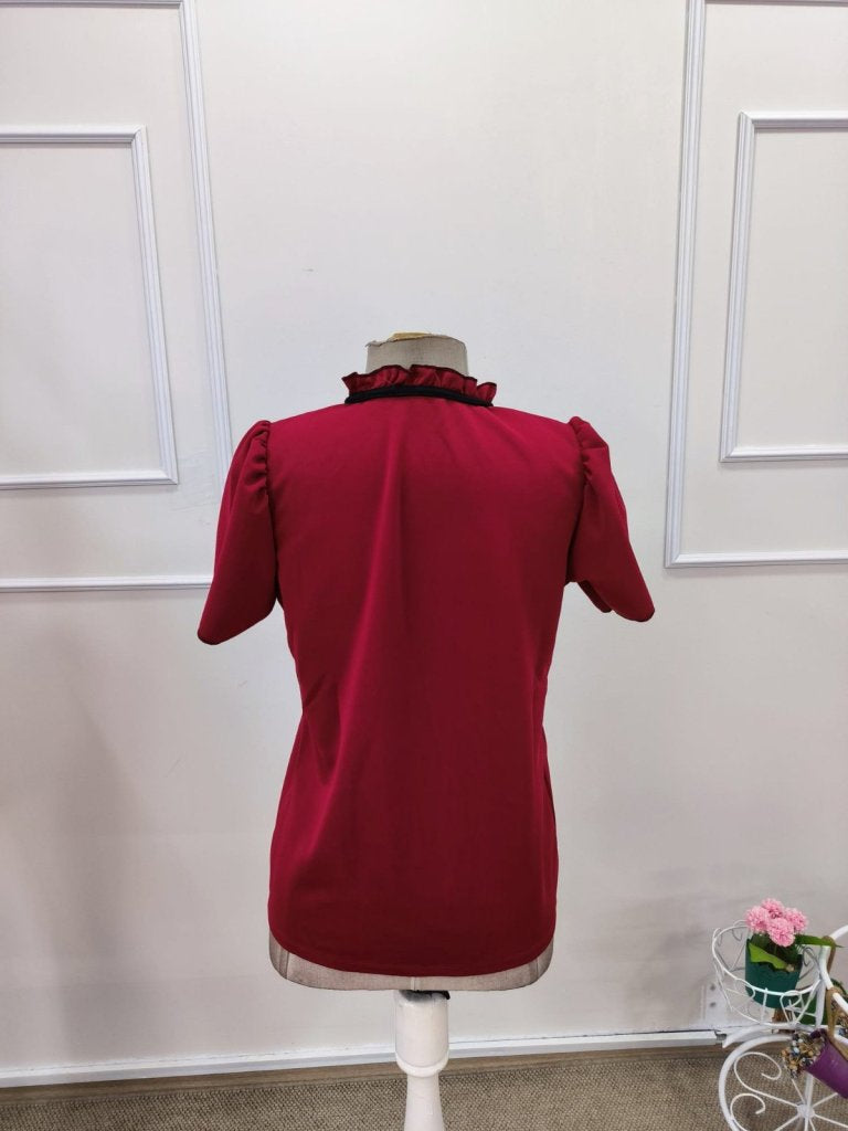 Bluz crep Janjan pentru femei cu maneca scurta, gat cu volanuri si snur decorativ, 35648