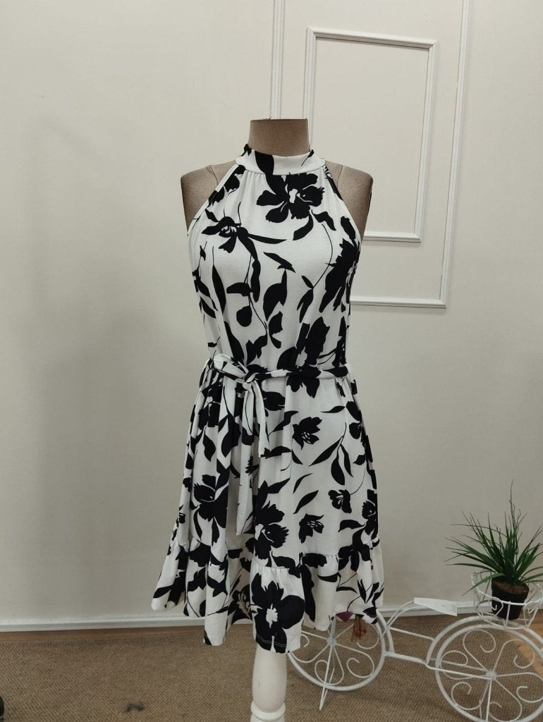 Rochie scurtă de damă tip suprapus cu model, cu umeri goi și guler înalt, cu centură, 32111