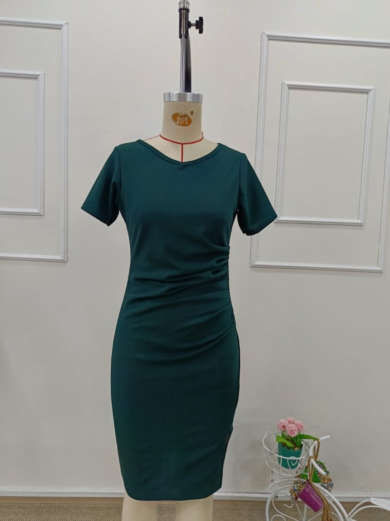 Women's Short Sleeve V-Neck Pleated Imported Crepe Mini Dress, 32132