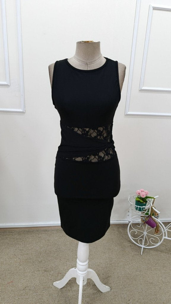 Rochie Scurtă pentru Femei cu Bretele, Guler Rotund, Detalii Dantelă la Talie, 37677