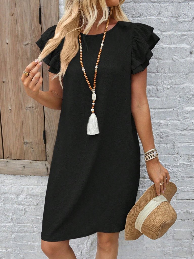 Women's Short Sleeve Crew Neck Ruffled Crinkled Mini Dress, 32166