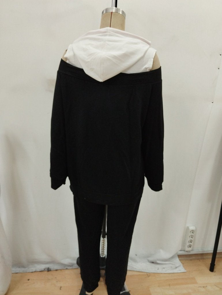 Set damă lung și cu mânecă, bluză cu glugă și șireturi, umeri goi, din viscoză în două culori și pantaloni, 32170