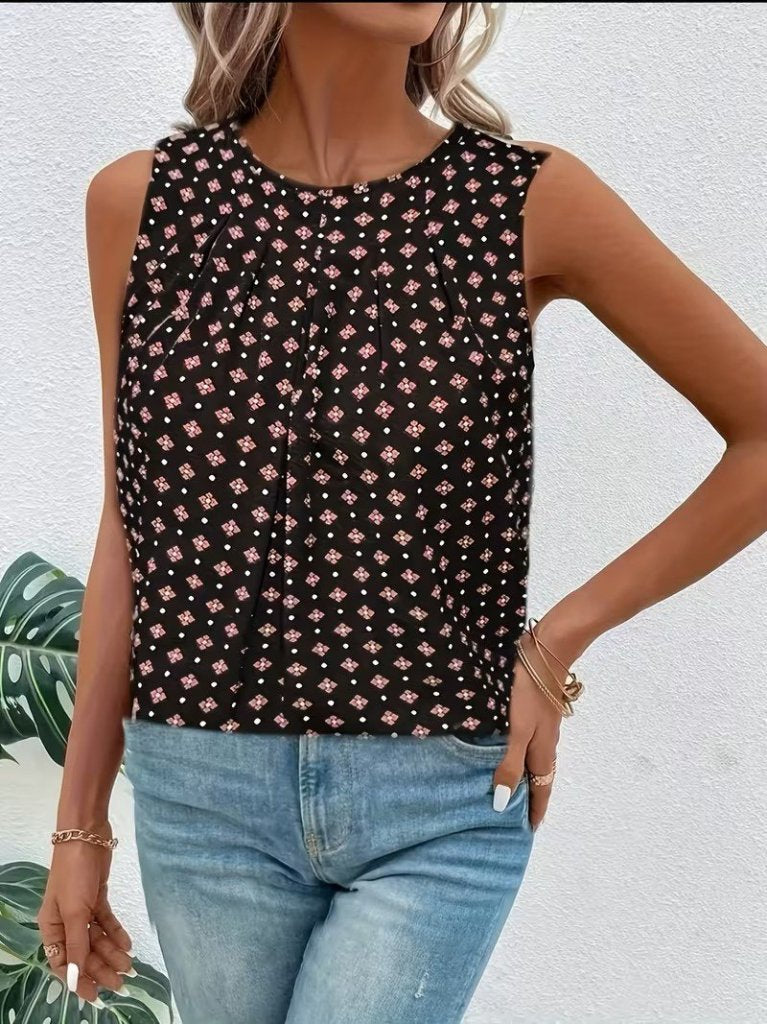 Women's Strappy Round Neck Patterned Supima Blouse, 32175