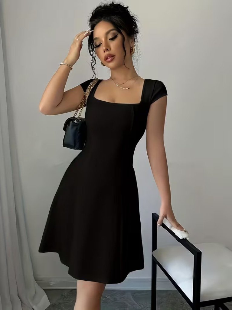 Rochie scurtă din crep importat, cu mânecă scurtă și decolteu pătrat, pentru femei, 33581